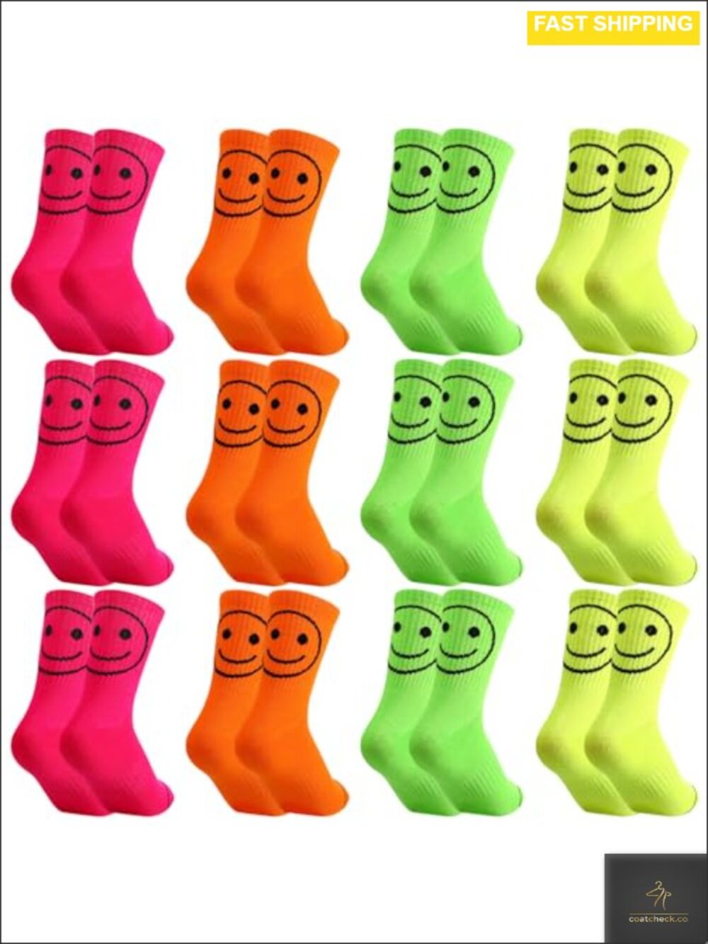 12 Pairs Neon Smile Face Mid Calf Socks Cotton Novelty Costume